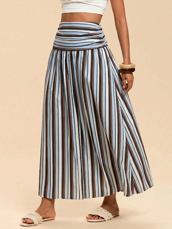 Dresses & Skirts - Multicolor Casual Women's Ruched Striped High Waist Midi Skirt